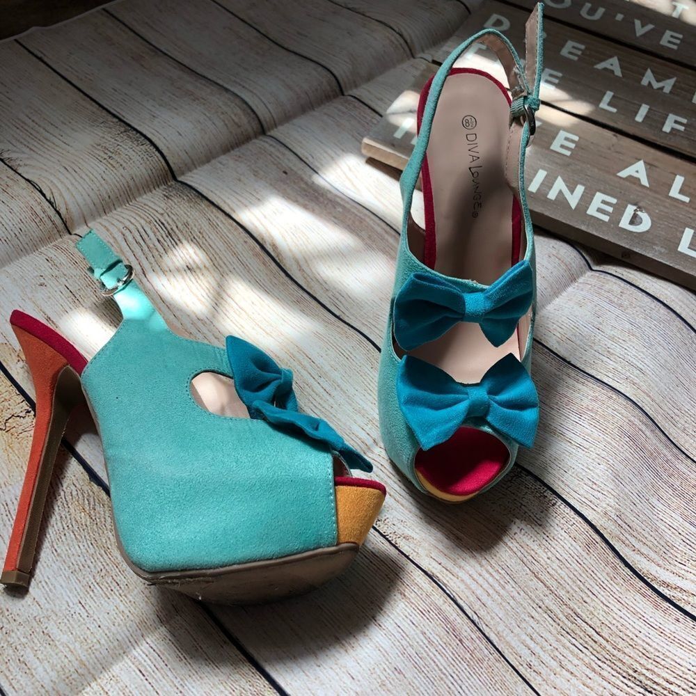 DIVA LOUNGE MINT AND BLUE BOW TIME SLINGBACK HEELS